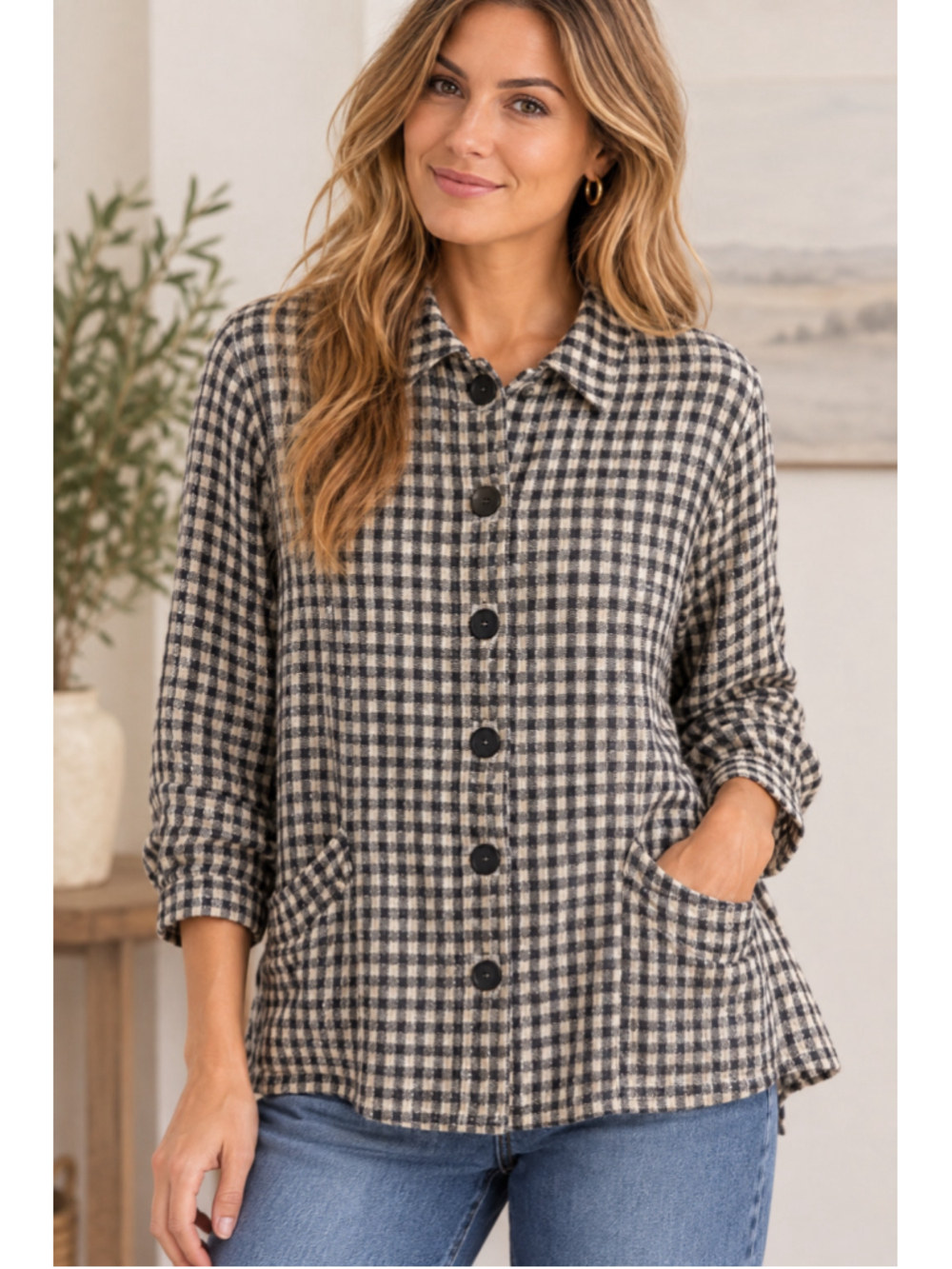 FLAX Linen Gingham Jacket 2G Black Cream Oversized Lagenlook Coastal Boho